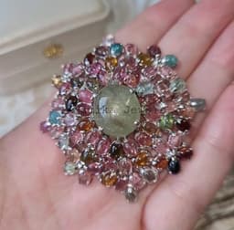 Natural Prehnite & Tourmaline Brooch Pendant, Sterling Silver Vintage Multi Gemstone Jewelry Pin thumbnail 2