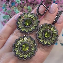 Handmade Chrysolite Jewelry Set, Sterling Silver Ring and Earrings with Pave Diamond Halo Design thumbnail 3
