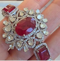Natural Ruby Bracelet, 925 Sterling Silver Polik Pave Diamond Halo Statement Jewelry thumbnail 2