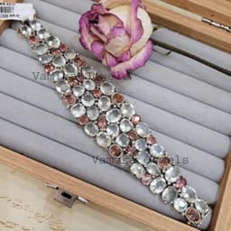 Natural Green Amethyst & Tourmaline Bracelet, Sterling Silver Diamond Multi Stone Wide Band Jewelry thumbnail 6