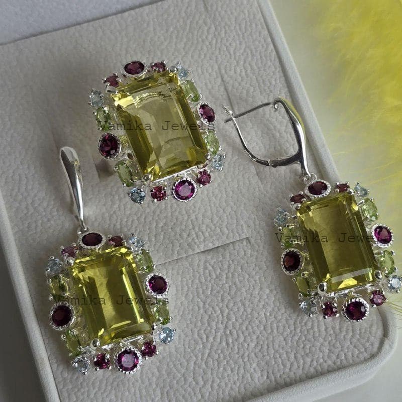 Natural Lemon Quartz & Rhodolite Ring Earring Set, Sterling Silver Peridot Blue Topaz Jewelry Set
