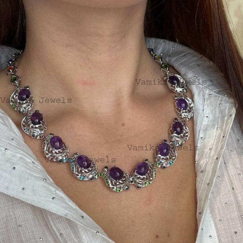 Natural Amethyst Tanzanite Cluster Necklace, 925 Sterling Silver Sapphire Apatite Jewelry, Wedding Gift