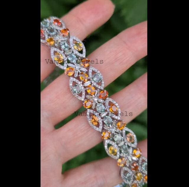 Multi Sapphire Diamond Bracelet, Sterling Silver Rhodium Plated