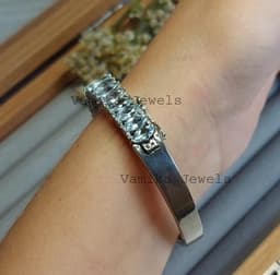 Aquamarine Diamond Sterling Silver Bangle Bracelet, Handmade Gemstone Jewelry thumbnail 3