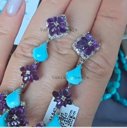 Natural Carved Amethyst Earrings, 925 Sterling Silver Turquoise Pave Diamond Dangle Statement Jewelry thumbnail 8