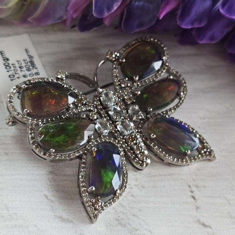 Natural Black Opal Butterfly Brooch, 925 Sterling Silver Aquamarine Diamond Statement Jewelry, Anniversary Gift