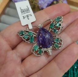 Natural Tanzanite Butterfly Brooch Pin, Sterling Silver with Emerald & Diamond Gemstone Statement Jewelry thumbnail 6