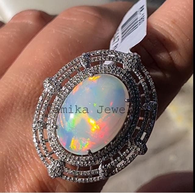 Natural Fire Opal Pave Diamond Ring, Sterling Silver Cocktail Statement Jewelry