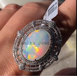 Natural Fire Opal Pave Diamond Ring, Sterling Silver Cocktail Statement Jewelry thumbnail 2