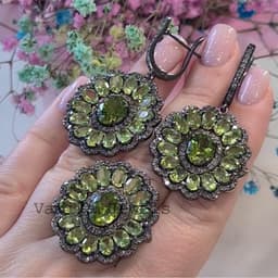 Handmade Chrysolite Jewelry Set, Sterling Silver Ring and Earrings with Pave Diamond Halo Design thumbnail 7