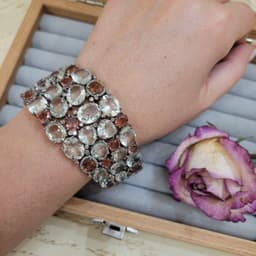 Natural Green Amethyst & Tourmaline Bracelet, Sterling Silver Diamond Multi Stone Wide Band Jewelry thumbnail 5