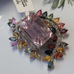 Vintage Floral Kunzite Brooch, Multi Sapphire Diamond Pin, Sterling Silver thumbnail 9