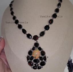 Fire Opal Black Opal Diamond Necklace - Sterling Silver Bridal Jewelry thumbnail 5