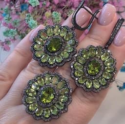 Handmade Chrysolite Jewelry Set, Sterling Silver Ring and Earrings with Pave Diamond Halo Design thumbnail 1