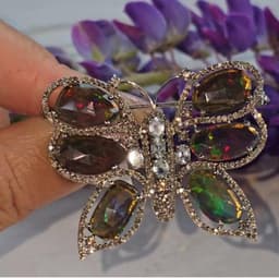 Natural Black Opal Butterfly Brooch, 925 Sterling Silver Aquamarine Diamond Statement Jewelry, Anniversary Gift thumbnail 8