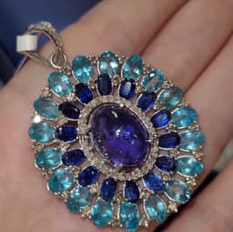 Natural Tanzanite Halo Pendant, Sterling Silver Kyanite Apatite Diamond Multi-Stone Cluster Jewelry thumbnail 6