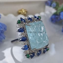 Natural Carved Aquamarine Diamond Ring, 925 Sterling Silver Multi Stone Kyanite Emerald Cluster Jewelry thumbnail 6