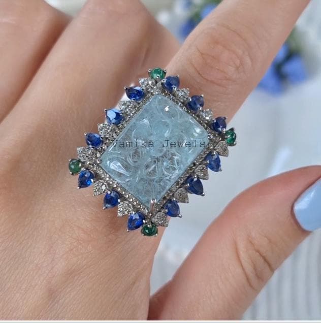 Natural Carved Aquamarine Diamond Ring, 925 Sterling Silver Multi Stone Kyanite Emerald Cluster Jewelry