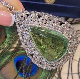 Natural Solitaire Green Tourmaline & Diamond Halo Pendant, Sterling Silver Teardrop Jewelry thumbnail 7