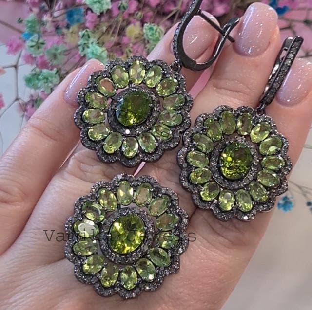 Handmade Chrysolite Jewelry Set, Sterling Silver Ring and Earrings with Pave Diamond Halo Design