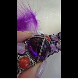 Natural Amethyst & Coral Bracelet, 925 Sterling Silver Diamond Multi Stone Wide Band Jewelry thumbnail 5