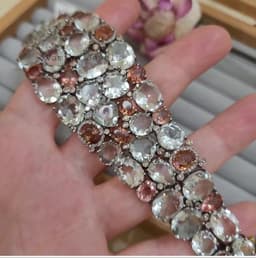 Natural Green Amethyst & Tourmaline Bracelet, Sterling Silver Diamond Multi Stone Wide Band Jewelry thumbnail 7