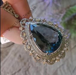 Natural London Blue Topaz Pendant, Sterling Silver Baguette Diamond Halo Statement Jewelry thumbnail 3