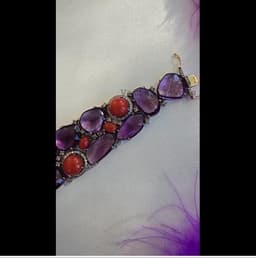 Natural Amethyst & Coral Bracelet, 925 Sterling Silver Diamond Multi Stone Wide Band Jewelry thumbnail 10