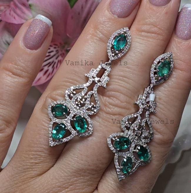 Natural Emerald Diamond Dangle Earring, 925 Sterling Silver Green Stone Statement Jewelry, Anniversary Gift