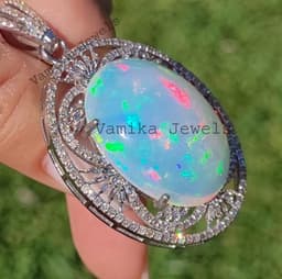 Natural Fire Opal & Diamond Pendant, Sterling Silver Halo October Birthstone Jewelry thumbnail 5