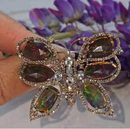 Natural Black Opal Butterfly Brooch, 925 Sterling Silver Aquamarine Diamond Statement Jewelry, Anniversary Gift thumbnail 4