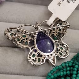 Natural Tanzanite Butterfly Brooch Pin, Sterling Silver with Emerald & Diamond Gemstone Statement Jewelry thumbnail 8