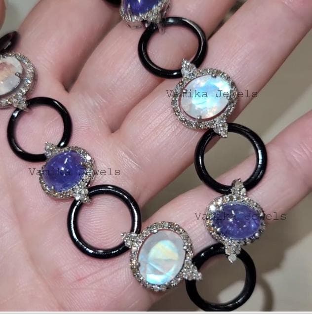 Natural Moonstone & Tanzanite Necklace, 925 Sterling Silver Black Onyx Diamond Bridal Jewelry, Wedding Gift