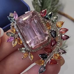 Vintage Floral Kunzite Brooch, Multi Sapphire Diamond Pin, Sterling Silver thumbnail 4