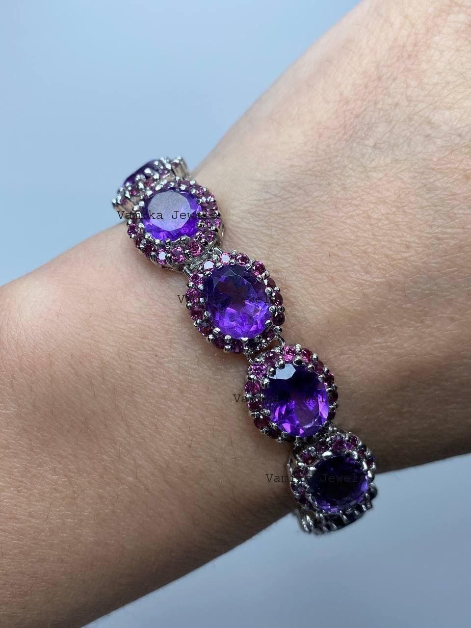 Natural Amethyst Halo Bracelet, 925 Sterling Silver Rhodolite Multi Stone Designer Jewelry, Birthday Gift