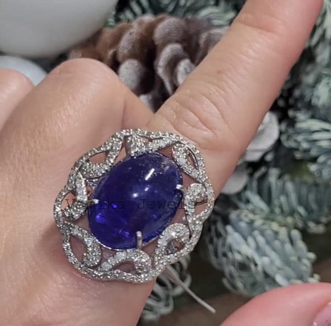 Natural Tanzanite Cabochon Diamond Halo Ring, Sterling Silver