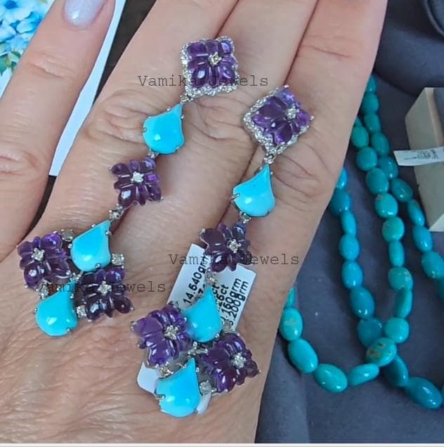 Natural Carved Amethyst Earrings, 925 Sterling Silver Turquoise Pave Diamond Dangle Statement Jewelry