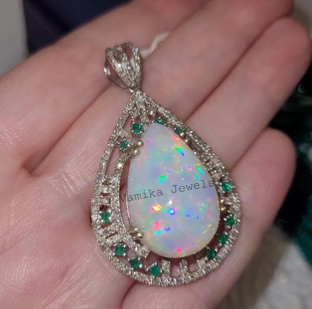 Natural Opal Sterling Silver Pendant, Diamond Emerald Halo