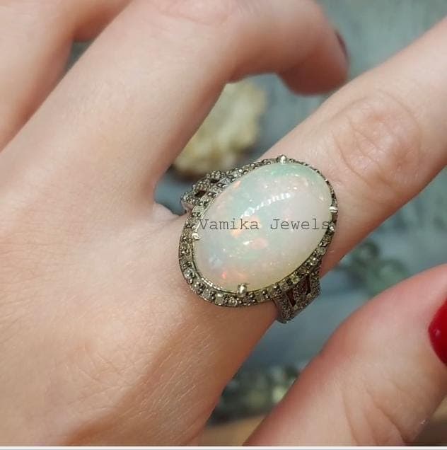 Natural Opal & Diamond Halo Ring, 925 Sterling Silver Engagement Ring Jewelry