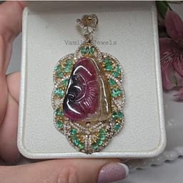 Natural Carved Tourmaline, Emerald & Diamond Pendant, Gold Plated 925 Sterling Silver Jewelry, Wedding Gift thumbnail 5
