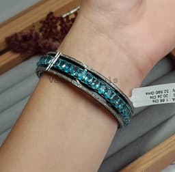 Natural Apatite & Diamond Bangle Bracelet, 925 Sterling Silver Black Enamel Statement Jewelry thumbnail 6