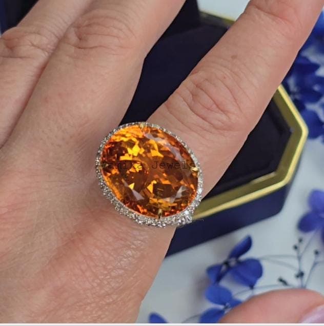Natural Citrine Diamond Halo Ring, 925 Sterling Silver November Birthstone Anniversary Jewelry