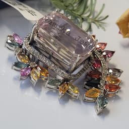 Vintage Floral Kunzite Brooch, Multi Sapphire Diamond Pin, Sterling Silver thumbnail 2
