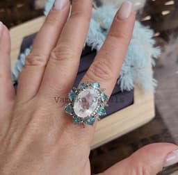 Natural Rainbow Moonstone & Diamond Halo Ring, Sterling Silver Apatite Cocktail Statement Jewelry thumbnail 6