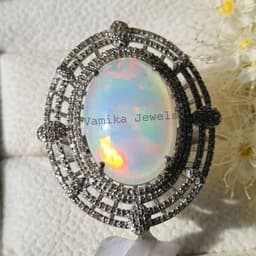 Natural Fire Opal Pave Diamond Ring, Sterling Silver Cocktail Statement Jewelry thumbnail 6