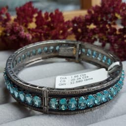 Natural Apatite & Diamond Bangle Bracelet, 925 Sterling Silver Black Enamel Statement Jewelry thumbnail 9