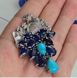 Natural Turquoise Kyanite Brooch, 925 Sterling Silver Emerald Diamond Multi Stone Cluster Bird Jewelry thumbnail 8