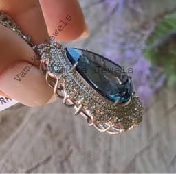 Natural London Blue Topaz Pendant, Sterling Silver Baguette Diamond Halo Statement Jewelry thumbnail 5