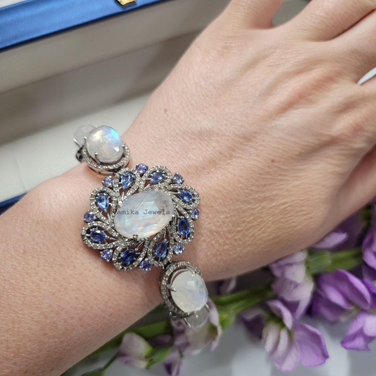 Sterling Silver Moonstone Bracelet, Tanzanite, Diamond, Blue Sapphire