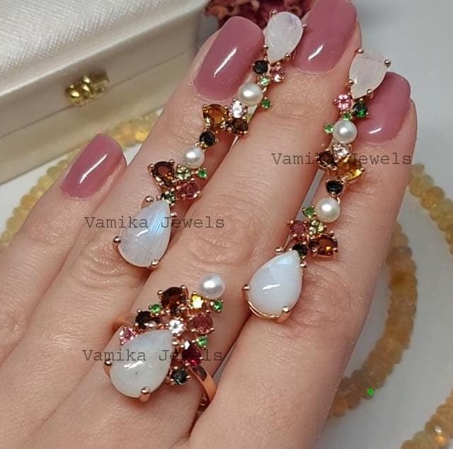 Natural Moonstone Tourmaline & Pearl Jewelry Set, Gold Plated Sterling Silver Ring Earrings